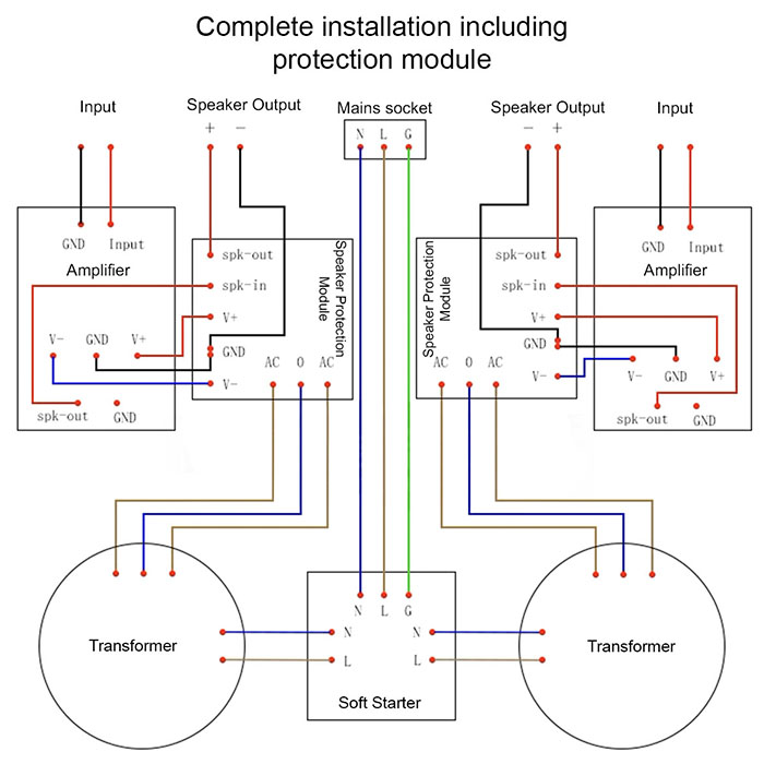 Installation diagram of LHY Audio's Power Supply and Speaker Protection Module 8x 10000uF